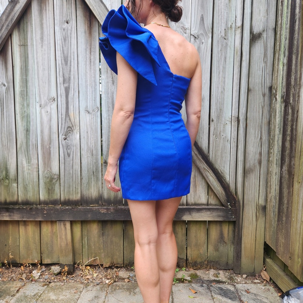 DO+BE One Shoulder Mini Dress Women Blue Ruffle Cocktail Dress, Size S - Picture 3 of 9